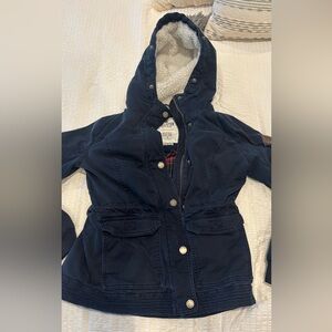 Hollister winter coat in navy blue with red flannel interior Y2K vintage